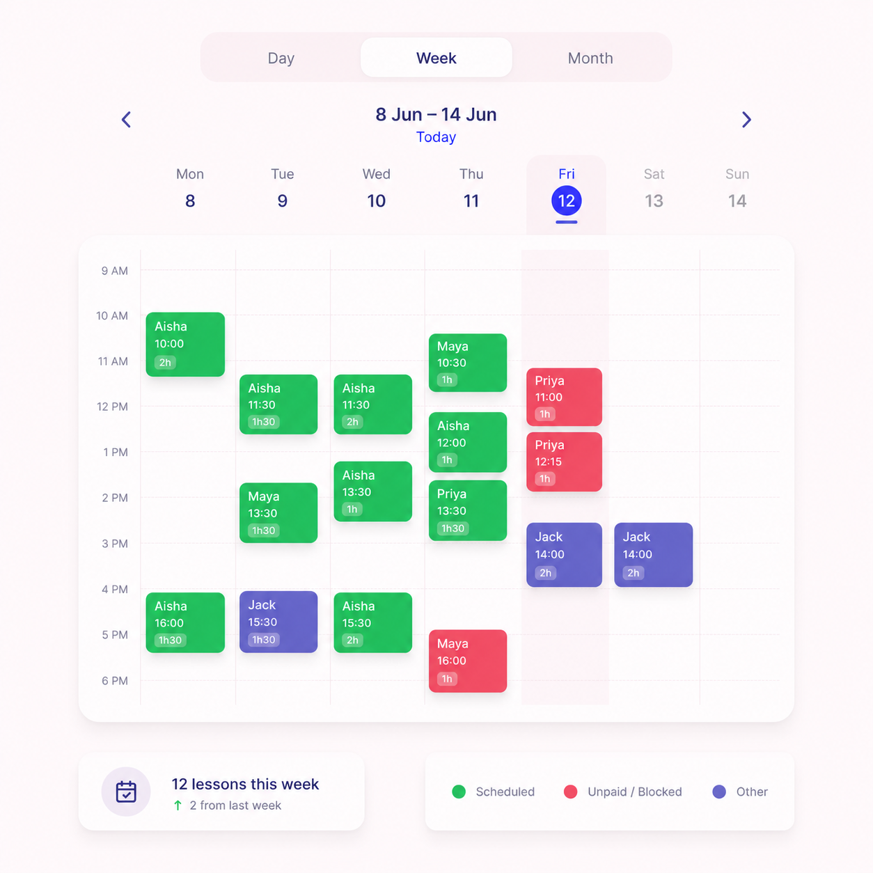 The Driive diary showing a week of lessons